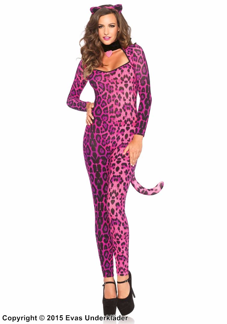 Leopard, maskerad-jumpsuit med svans och matchande accessoarer